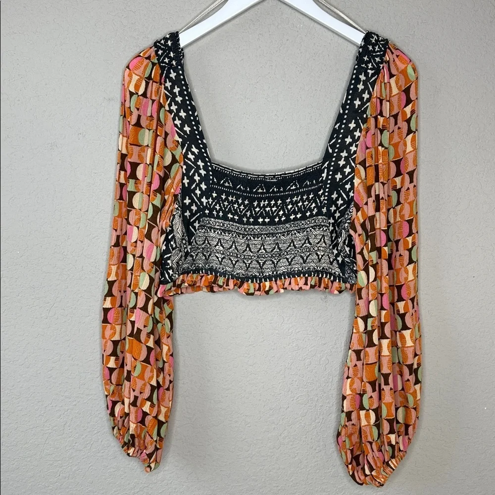 Free People Naomi Printed Smocked‎ Puff Sleeve Boho Endless Summer Cropped Top M